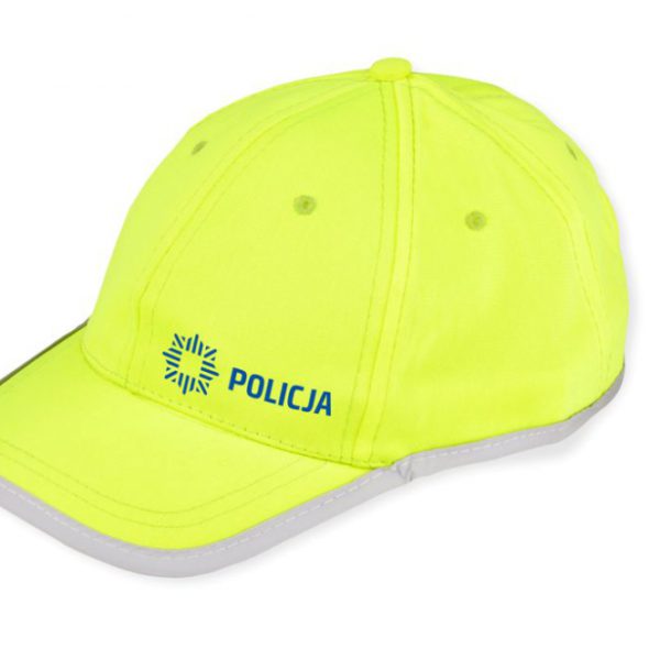 Żółta czapka odblaskowa dla dzieci - przykład nadruku